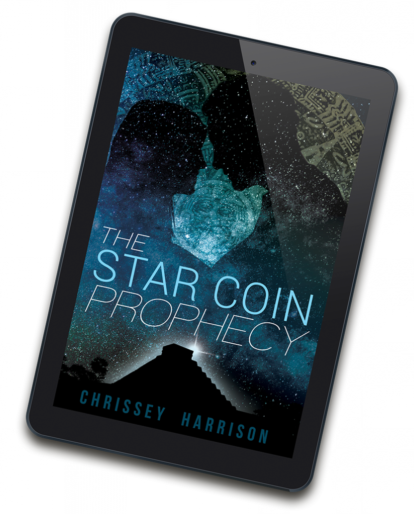 The Star Coin Prophecy cover displayed on a tablet. The cover features sillhouettes of a male and female figure against a starfield background. Below, a bright light shines from behind a Mayan stepped pyramid.