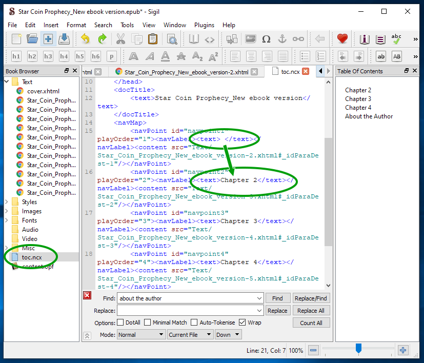 Screen shot of sigil showing the location of the toc.ncx file and highlighting where to make the change to the code.