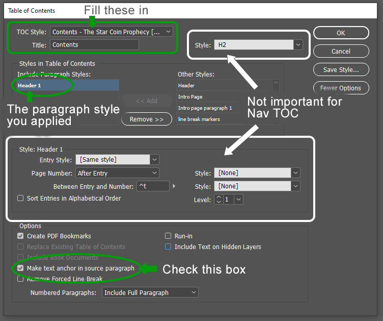 Screen shot of InDesign Table of Contents window highlighting the important fields discussed in the text of the blog.