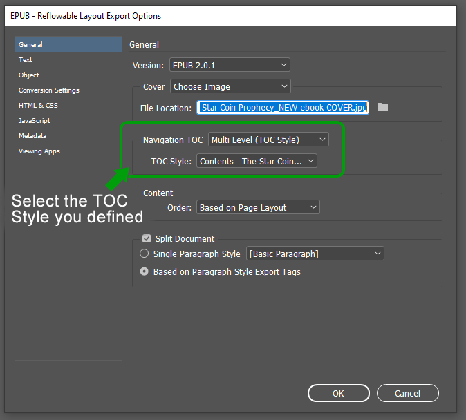 Screen shot of InDesign EPUB export options showing where to select the Table of Contents you defined.